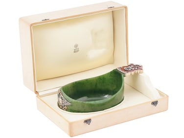 RUSSIAN GOLD ENAMEL JADE CUT KOVSH WITH DIAMONDS