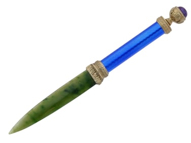 RUSSIAN SILVER ENAMEL JADE LETTER OPENER W GEMSTONE