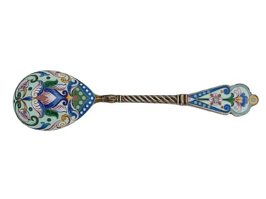 RUSSIAN GILT SILVER CLOISONNE ENAMEL SERVING SPOON