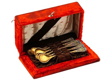 GILT STERLING SILVER AND ENAMEL SPOON SET IOB