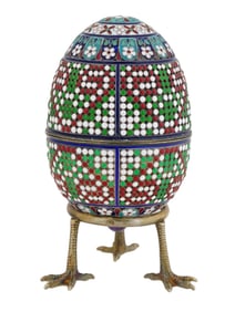 RUSSIAN GILT SILVER CLOISONNE ENAMEL EGG ON STAND
