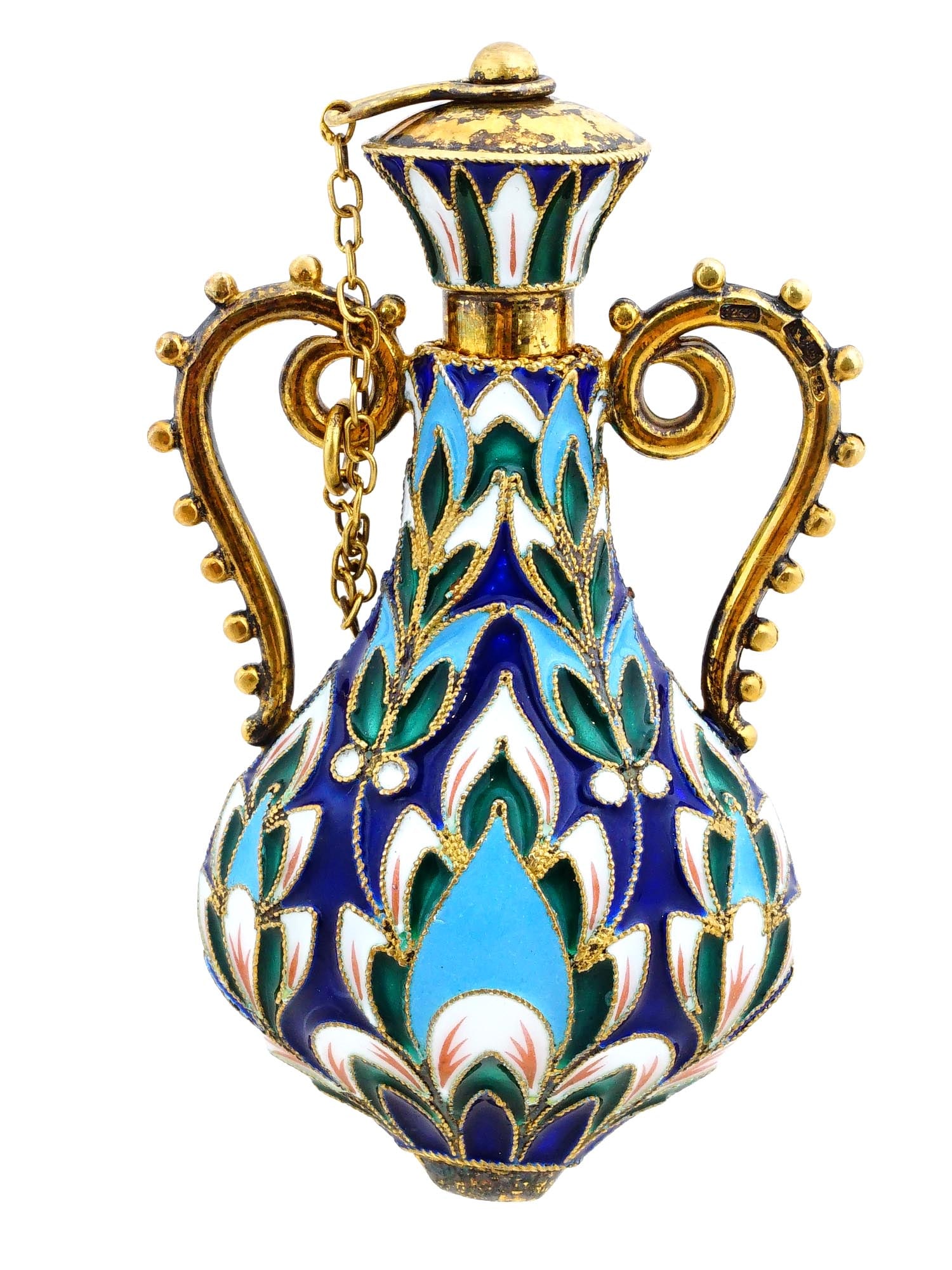 RUSSIAN GILT SILVER ENAMEL FLORAL MOTIF PERFUME BOTTLE (1 of 9)