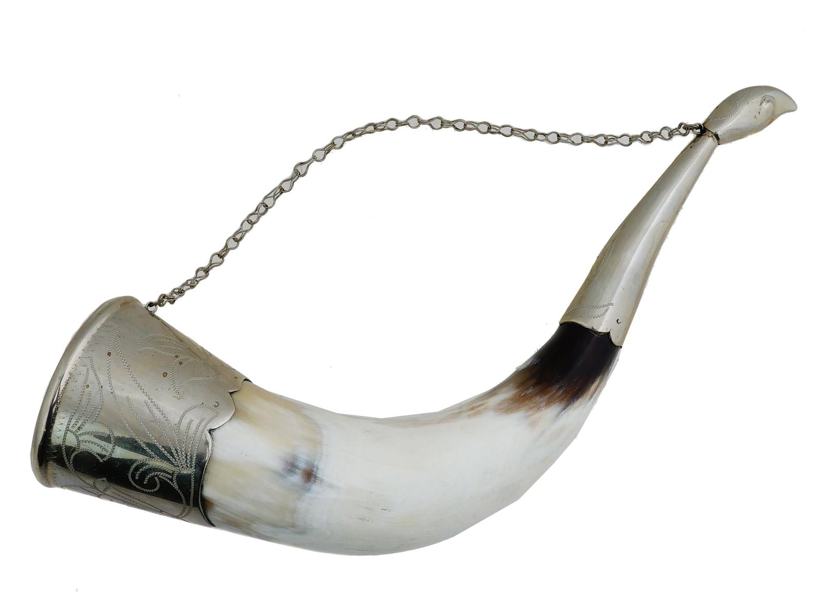 SOVIET ERA CAUCASIAN MOUNTED DRINKING HORN CUP: A Soviet horn cup for wine drinking. Caucasian type. Second half of the 20th century. Made of natural materials, silver-plated mounts with etched ornament and holding chain. Barware And Serveware, Gif