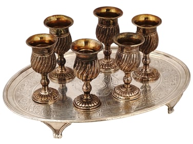 ENGLISH STERLING SILVER GOBLET CUPS AND TRAY SET