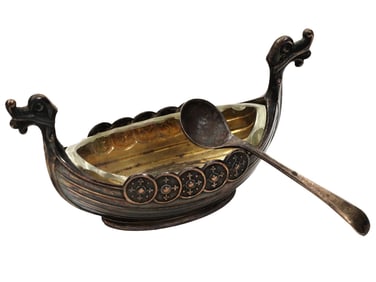 NORWEGIAN ST SILVER VIKING SHIP SALT CELLAR W SPOON