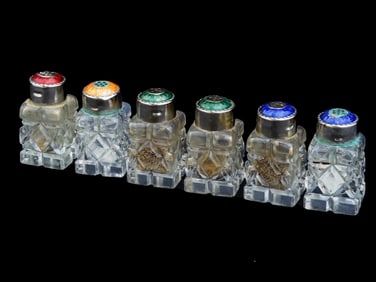 VINTAGE ENAMELED CRYSTAL SALT AND PEPPER SHAKERS