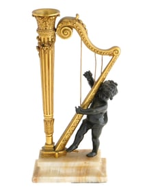 ANTIQUE FRENCH MANNER CHERUB HARP BRONZE LAMP BASE