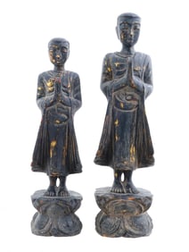 PAIR OF ANTIQUE ORIENTAL WOODEN STATUES PRAYING MONKS