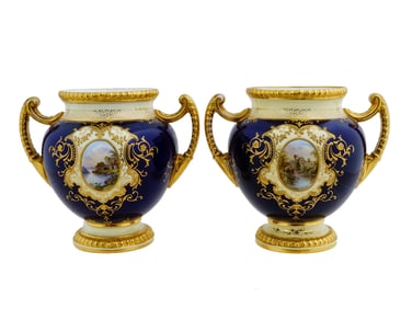 ANTIQUE ENGLISH COALPORT PORCELAIN GILT PAINTED VASES