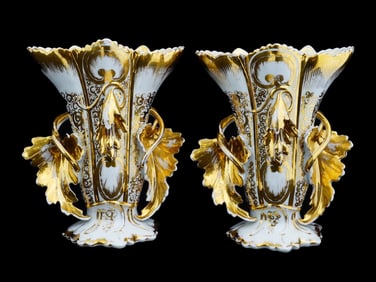 ANTIQUE FRENCH PARIS WHITE GLAZE GILT PORCELAIN VASES