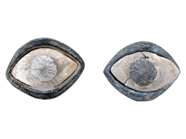 TWO ANCIENT CARVED STEATITE EYES WITH SEPARATE PARTS
