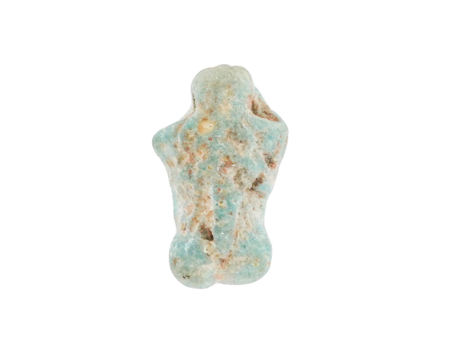 ANCIENT EGYPTIAN LATE PERIOD FAIENCE FERTILITY PENDANT: An ancient Egyptian late period faience pendant, dating from 700 to 200 BC, showing the features of a male sex organ. This type of pendant served as a fertility amulet, symbolizing vitality, procreati