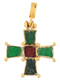 ANCIENT BYZANTINE EMPIRE GOLD GLASS CROSS PENDANT