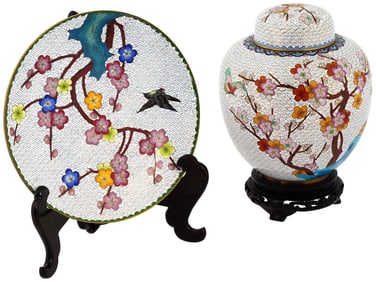 CHINESE PORCELAIN CLOISONNE ENAMEL PLATE AND GINGER JAR