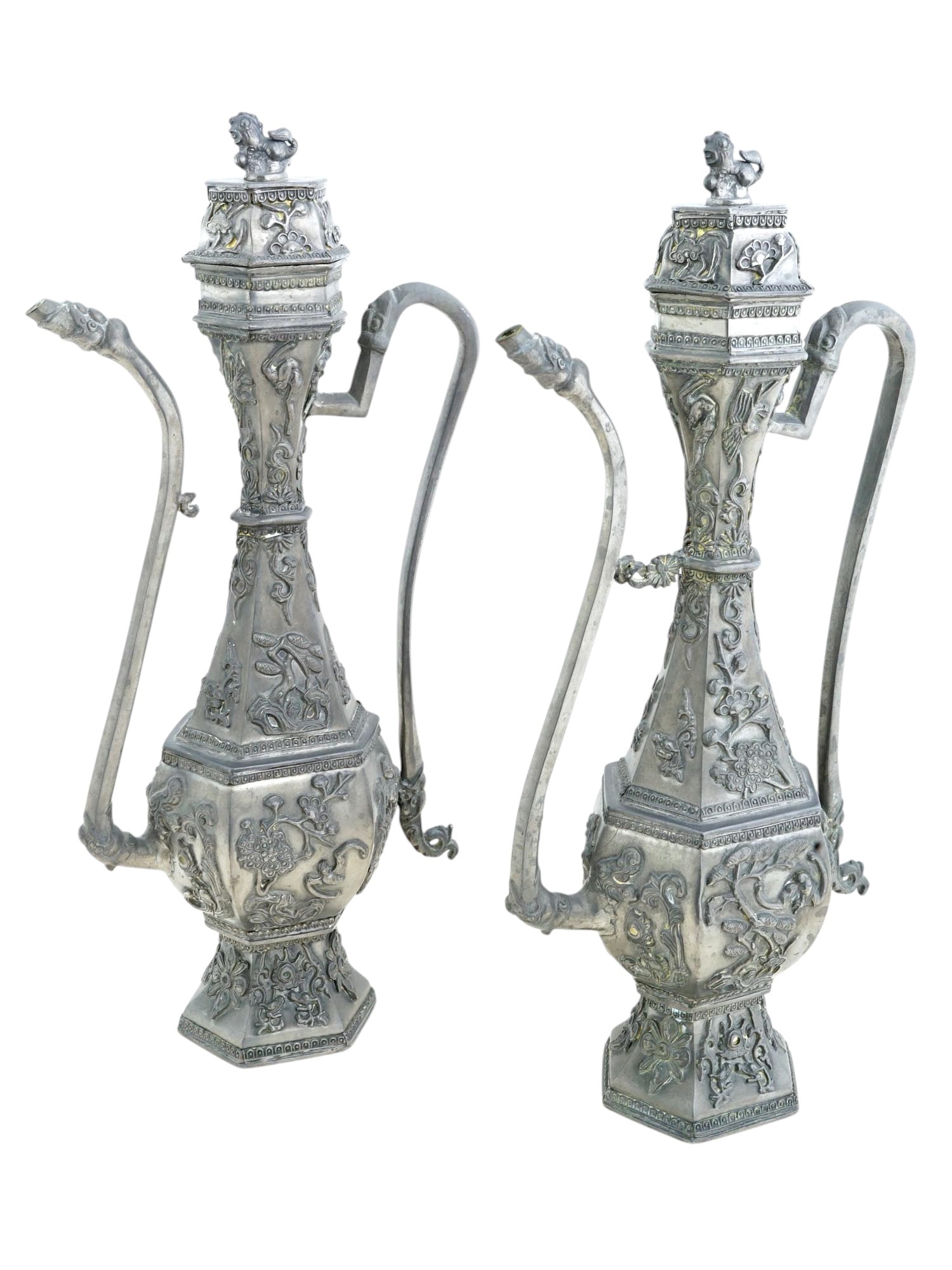 PAIR OF VINTAGE CHINESE ELEGANT PEWTER JUGS (1 of 13)