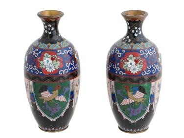 ANTIQUE JAPANESE PHOENIX BIRD CLOISONNE ENAMEL VASES