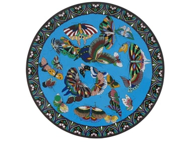 ANTIQUE JAPANESE BUTTERFLY CLOISONNE ENAMEL PLATE