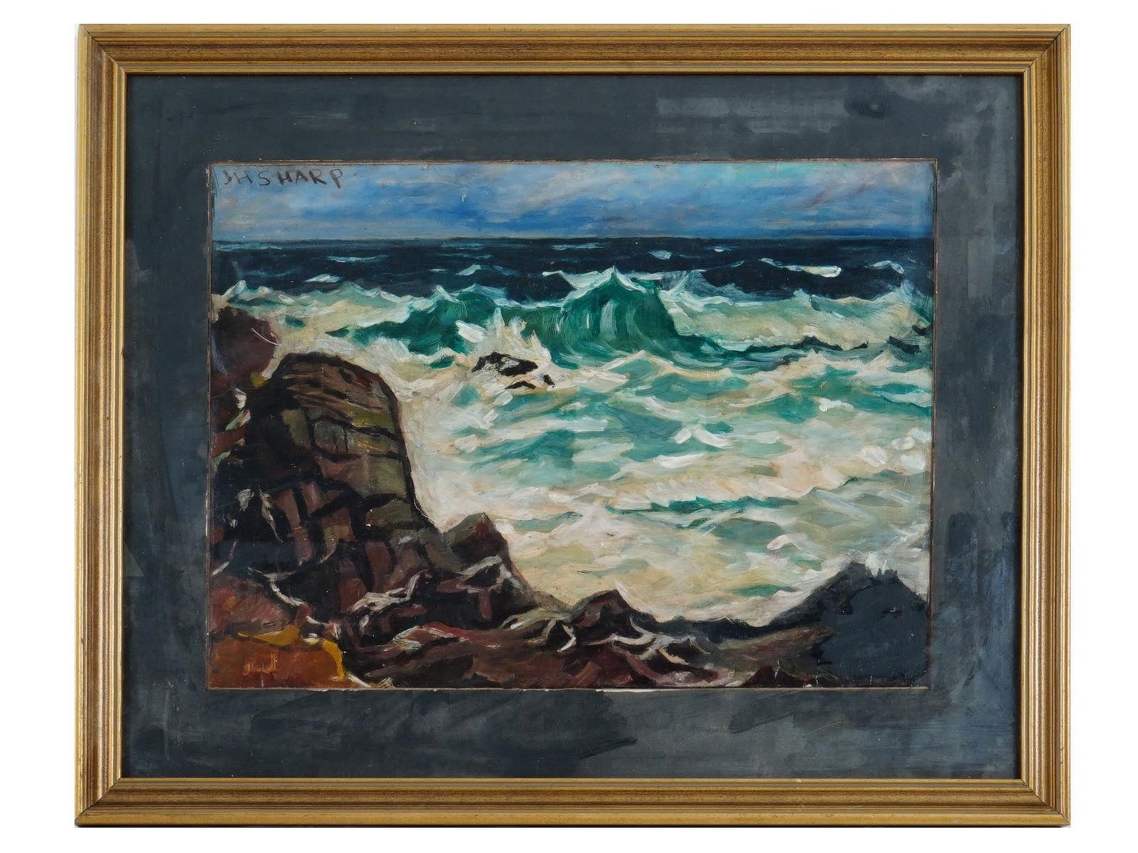 AMERICAN SEASCAPE OIL PAINTING AFTER JOSEPH SHARP: After Joseph Henry Sharp, American, 1859 to 1953, an oil painting on board depicting a seascape. Signed upper left. Framed. Joseph Henry Sharp was a painter and a founding member of the Taos Society o