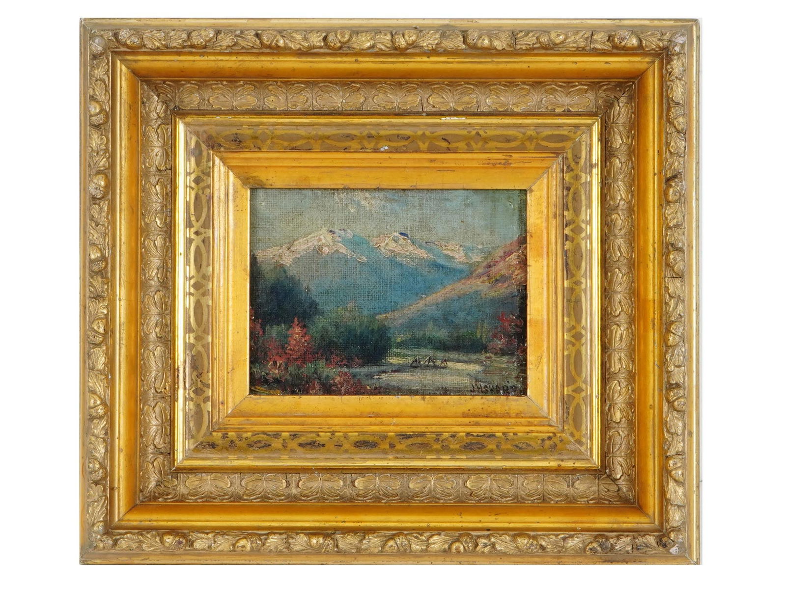 JOSEPH HENRY SHARP ANTIQUE AMERICAN OIL PAINTING: Joseph Henry Sharp, American, 1859 to 1953, an oil on canvas laid on board painting depicting a mountainous landscape. Signed by the artist lower right. Housed in a richly ornate gilt wood and gesso f