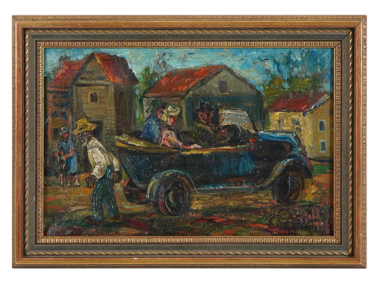 AMERICAN OIL GENRE PAINTING BY HARRY LESLIE HOFFMAN: An oil on canvas genre painting by Harry Leslie Hoffman, 1871 to 1964, American Impressionist painter. The painting depicts a genre scene on the road at the beginning of the 20th century. Signed Hoffm