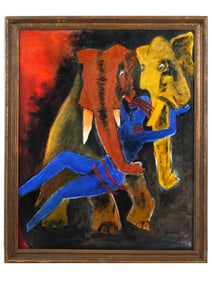 ATTR TO MF HUSAIN INDIAN OIL PAINTING WITH COA