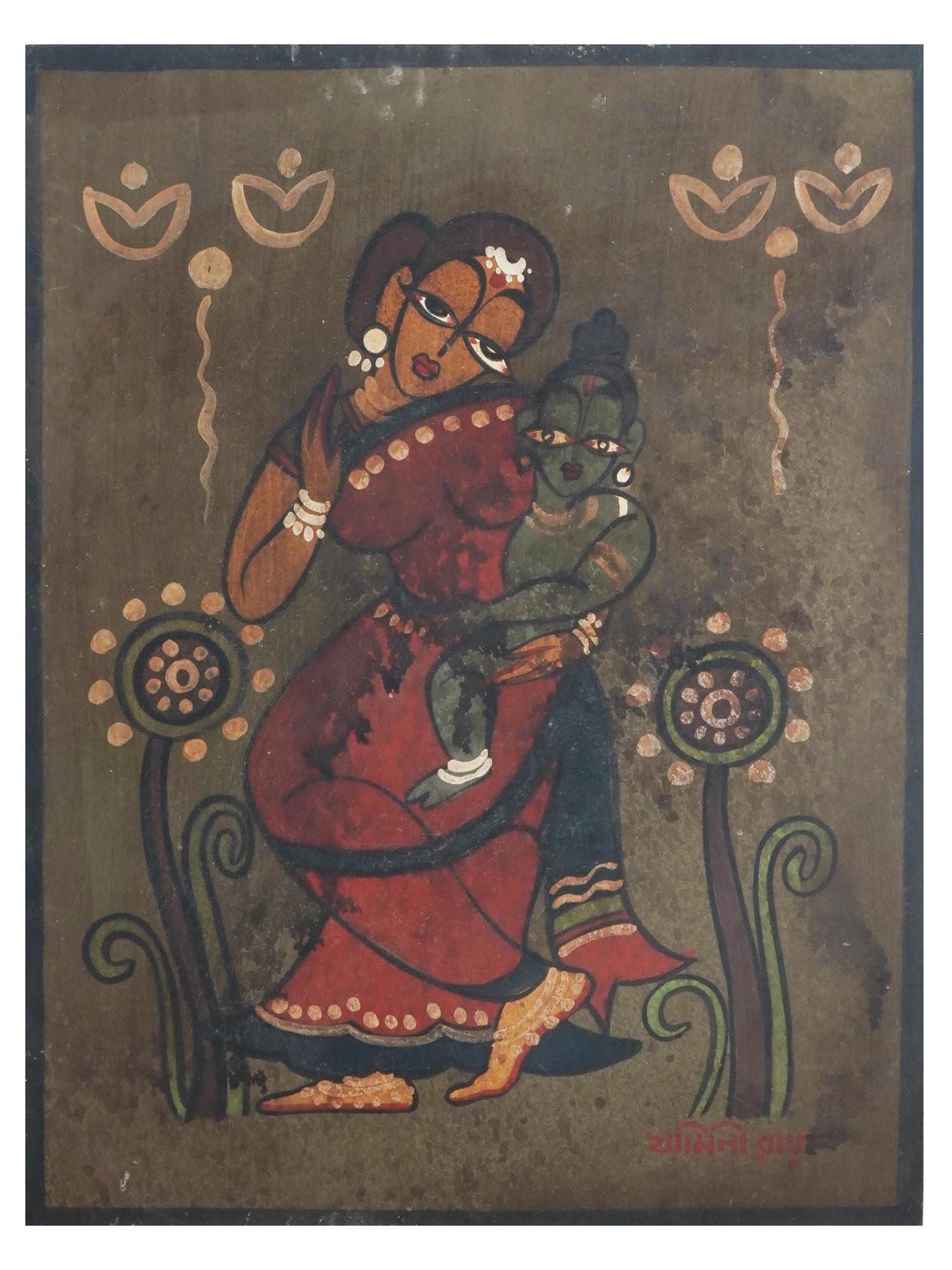 ATTRIBUTED TO JAMINI ROY INDIAN TEMPERA PAINTING: Attributed to Jamini Roy, Indian, 1887 to 1972, tempera painting on board depicting a Religious portrait of a mother and a child. Signed in Bengali, lower right. Jamini Roy is known for Folk art paint