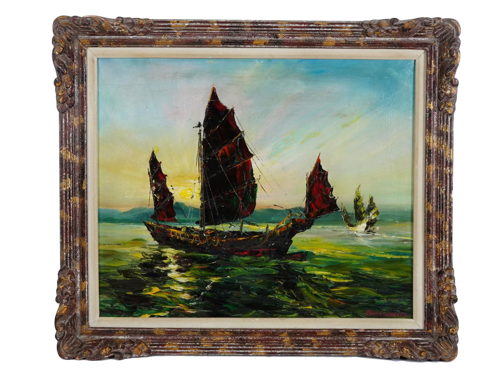 AFTER FERN COPPEDGE AMERICAN SEASCAPE OIL PAINTING: After Fern Isabel Coppedge, American, 1883 to 1951, an oil painting on canvas, signed lower right, framed in ornate wooden frame. The painting depicting a seascape with several sailing ships. Fern Cop