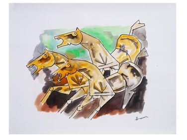 ATTR TO MAQBOOL FIDA HUSAIN MIXED MEDIA PAINTING