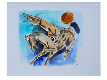 AFTER MF HUSAIN INDIAN HORSES WATERCOLOR PAINTING