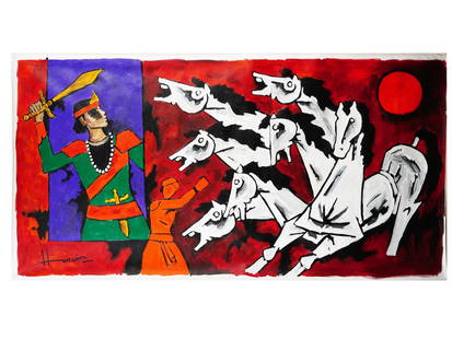 INDIAN PAINTING AFTER MAQBOOL FIDA HUSAIN ASHOKA: After Maqbool Fida Husain, Indian, 1915 to 2011, an oil painting on canvas depicting a warrior with a sword and a group of horses, from the Ashoka series. Signed lower left. Maqbool Fida Husain was kn