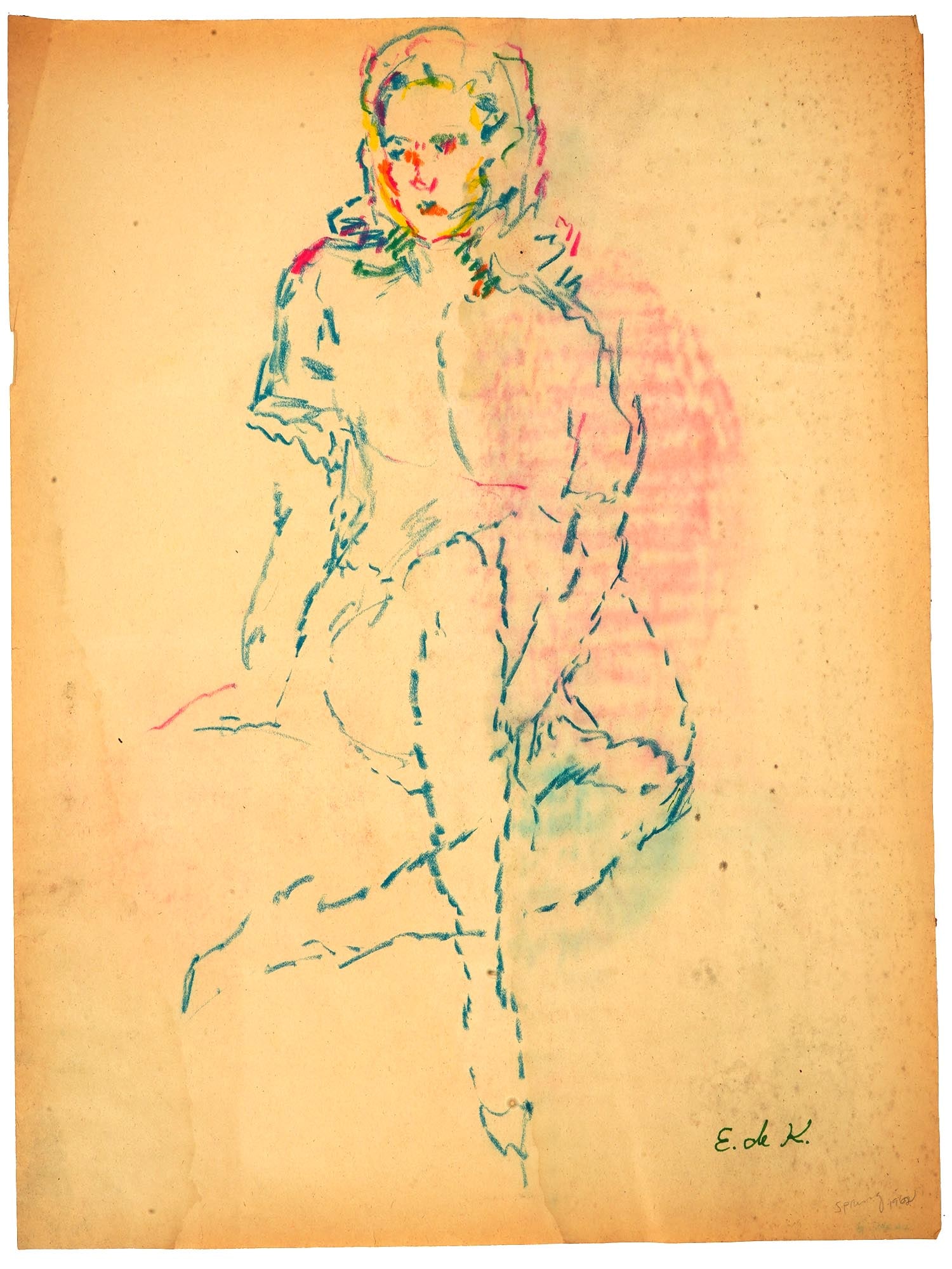 ATTR TO ELAINE DE KOONING PORTRAIT PASTEL PAINTING: Attributed to Elaine Fried de Kooning, American 1918 to 1989, a pastel painting on paper depicting a study of a portrait of a seated woman. Signed lower right. Elaine Marie Catherine de Kooning was an