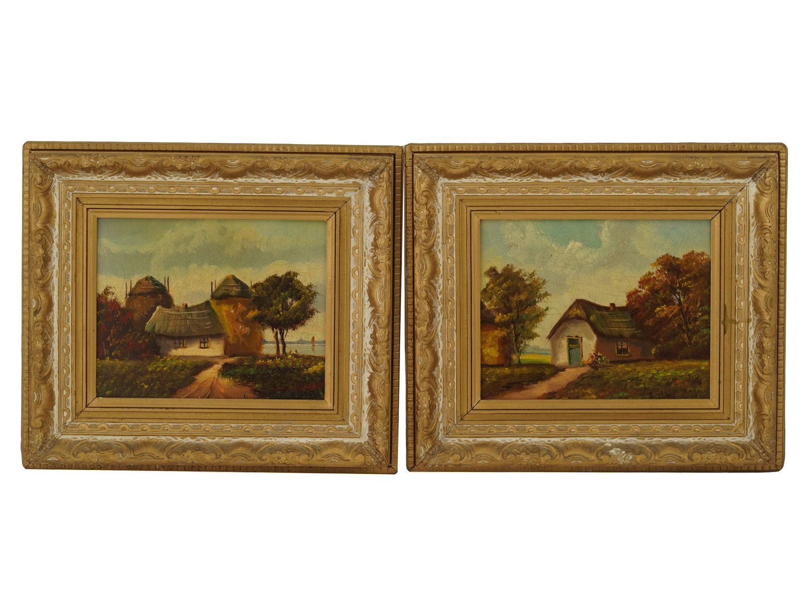 VINTAGE DUTCH OIL LANDSCAPE PAINTINGS BY H WESTER: A lot of two vintage Dutch oil on board landscape paintings by H. Wester. Circa early to mid 20th century. Both paintings depict the same house from two different angles. The paintings are signed by t