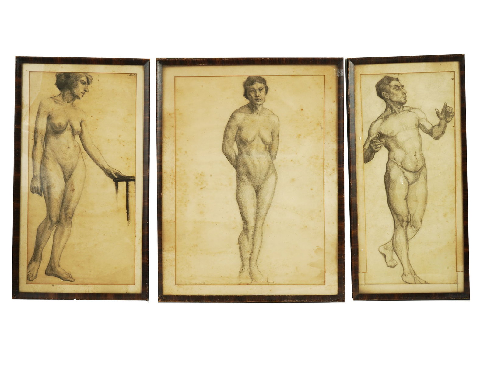 LOT OF 3 SIGNED CHARCOAL ON PAPER NUDE PAINTINGS: A lot of three charcoal on paper male and female nude studies. Signed in pencil behind the mat. European school, circa the first half of the 20th century. All three are matted and framed in the same s