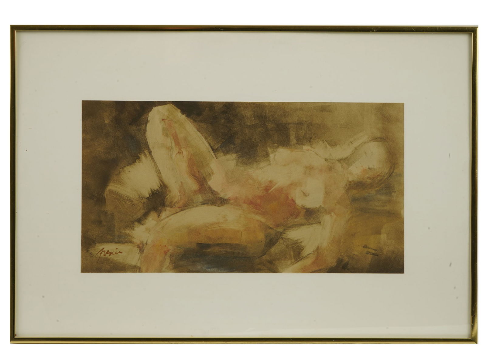 JULES PASCIN FRENCH FEMALE NUDE MIXED MEDIA PAINTING: Mixed media painting on paper by Jules Pascin, 1885 to 1930, a Bulgarian-French Modernist artist of the School of Paris, known as the Prince of Montparnasse. The artwork represents a reclining female