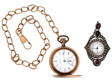 LOT OF TWO OF 14K GOLD POCKET WATCH AND SILVER WATCH