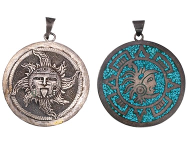 TWO MEXICAN MAYAN STERLING SILVER PENDANTS