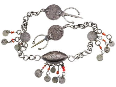 VINTAGE TRIBAL SILVER AND CORAL FIBULA NECKLACE