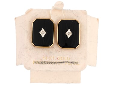 VINTAGE 14K GOLD ONYX AND DIAMOND STUD EARRINGS