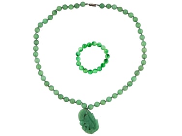 ASIAN MANNER SILVER CARVED JADE NECKLACE BRACELET SET