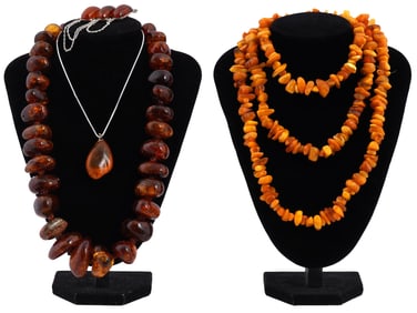 VINTAGE SILVER AND AMBER NECKLACES AND BROOCH