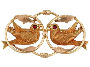 14K GOLD BIRDS DESIGN W RUBY EYES JEWELRY BROOCH