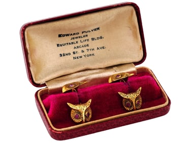 RIKER BROTHERS GILT SILVER RUBY OWL CUFFLINKS IOB