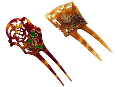 LALIQUE FRENCH ENAMELED AND DIAMOND HAIR PINS