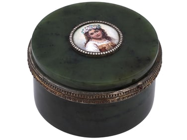RUSSIAN SILVER NEPHRITE ENAMEL DIAMOND TRINKET BOX