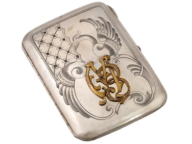 RUSSIAN SILVER DIAMOND MONOGRAMMED CIGARETTE CASE
