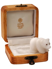 RUSSIAN HAND CARVED AGATE RUBY GOLD BEAR FIGURINE W BOX