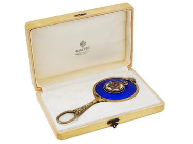 RUSSIAN GILT SILVER ENAMEL GEMSTONE HAND MIRROR IOB