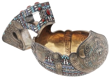 LARGE RUSSIAN GILT SILVER CLOISONNE KOVSH LADLE