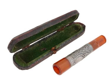 ANTIQUE NORWEGIAN SILVER AMBER MOUTHPIECE IOB