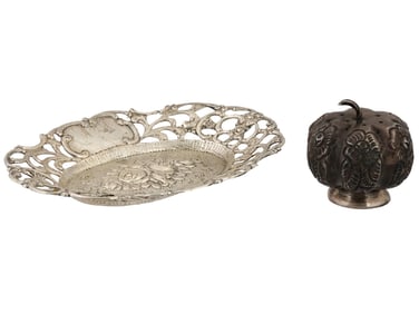 ANTIQUE EUROPEAN SILVER DISH AND STERLING MEXICO SHAKER